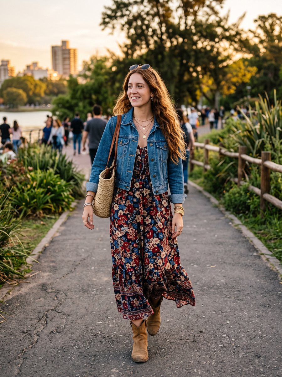 Woman wearing a dress and denim jacket